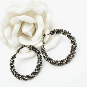 Vintage Hoop Earrings • Black and White Rhinestones • Pierced